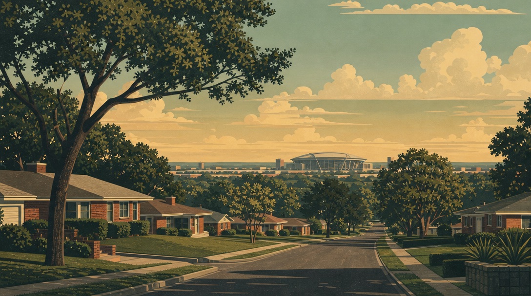 Mid-century brick ranch homes on a wide Arlington street with a stadium silhouette on the horizon
