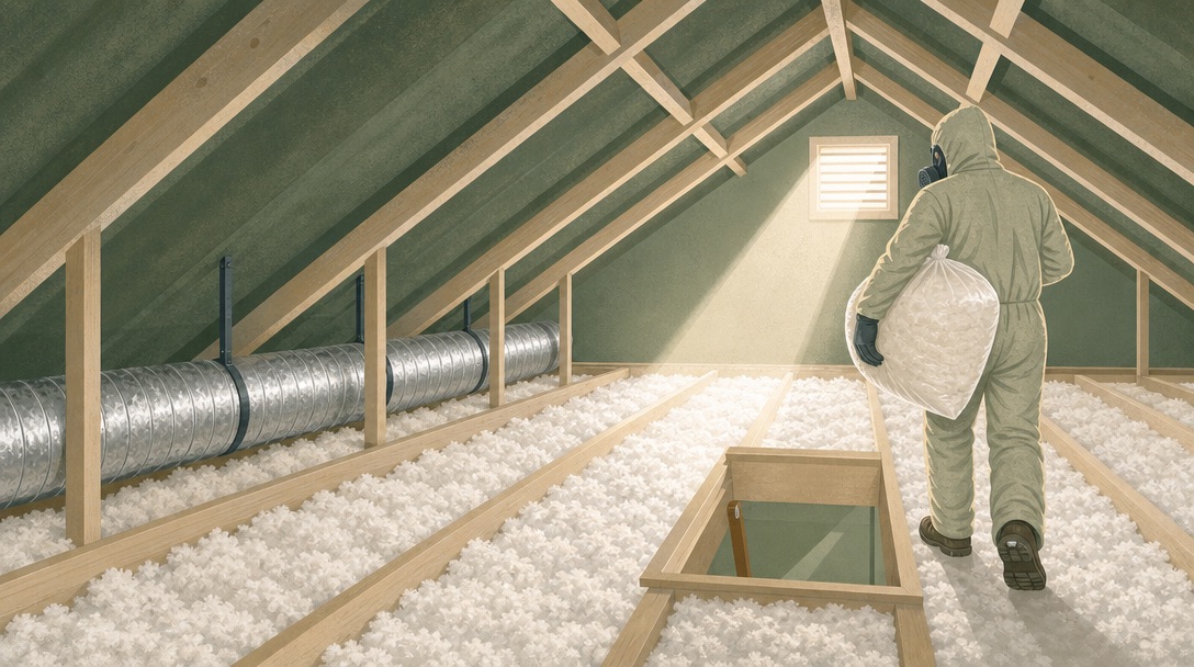 Clean restored attic with fresh blown-in insulation and a worker in a respirator