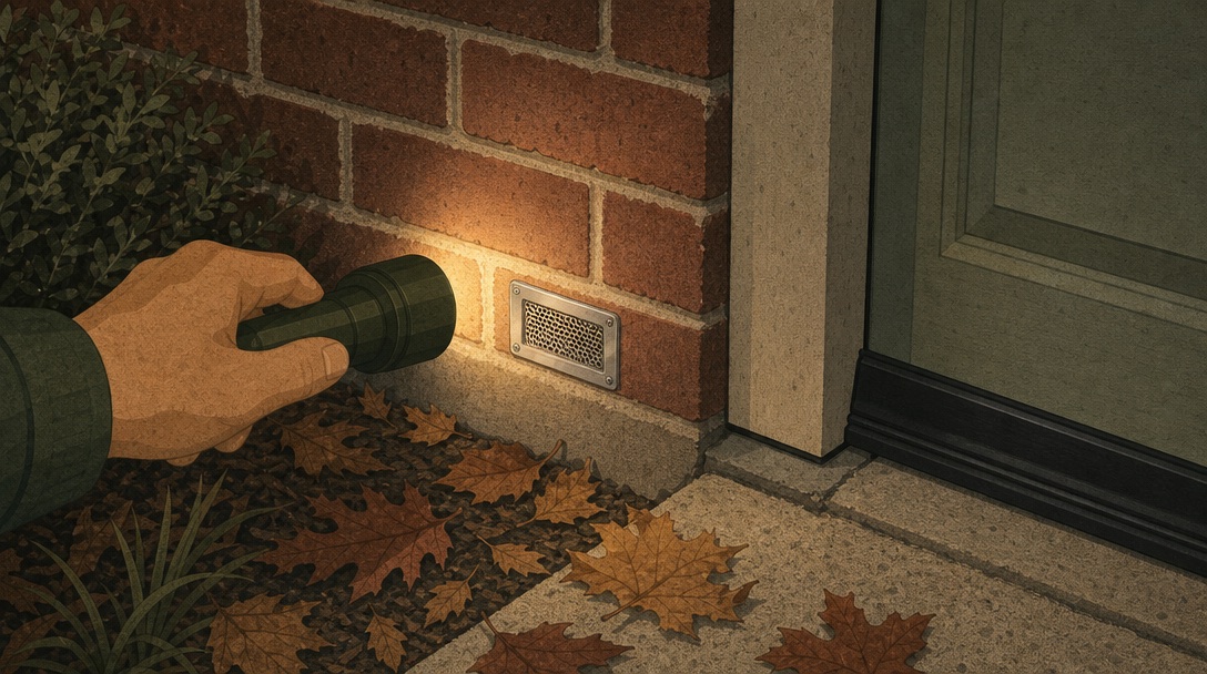 Homeowner with a flashlight inspecting brick weep holes at the base of a Dallas home in autumn