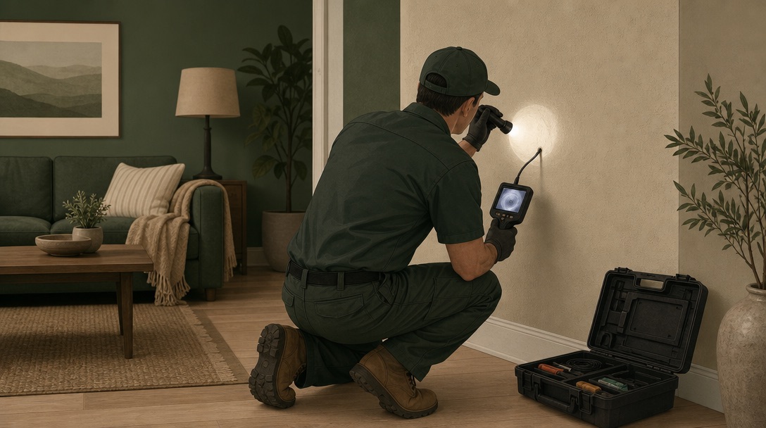 Technician with a flashlight and borescope inspecting a living-room wall