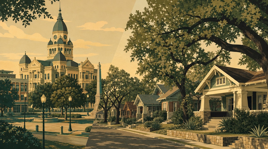 Denton courthouse square clock tower with older craftsman homes under post oaks nearby