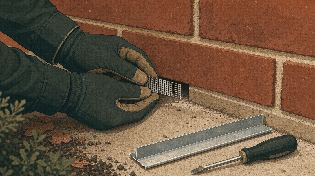 Gloved hands installing a steel mesh screen into a brick weep hole