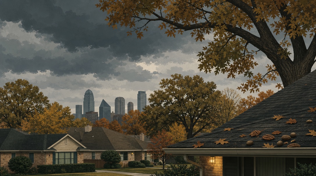 Dallas residential rooftops under an autumn cold front sky, oak branches touching a roofline