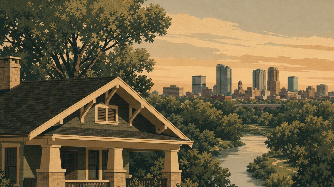Pier-and-beam craftsman roofline with the Fort Worth skyline and river greenbelt behind