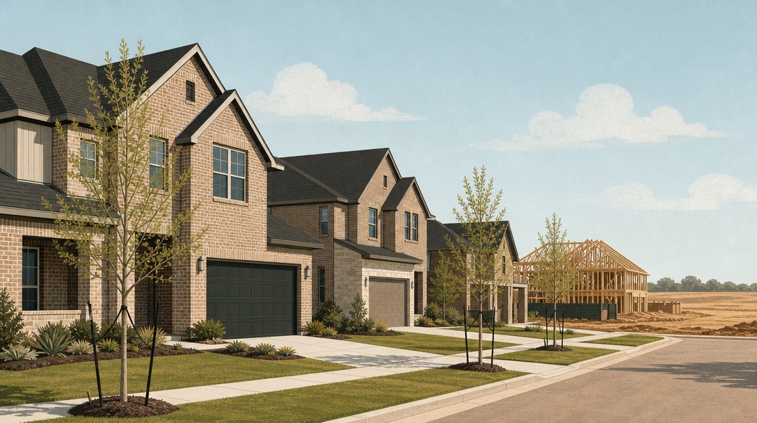 New two-story brick homes in Frisco with young staked trees and a lot under construction