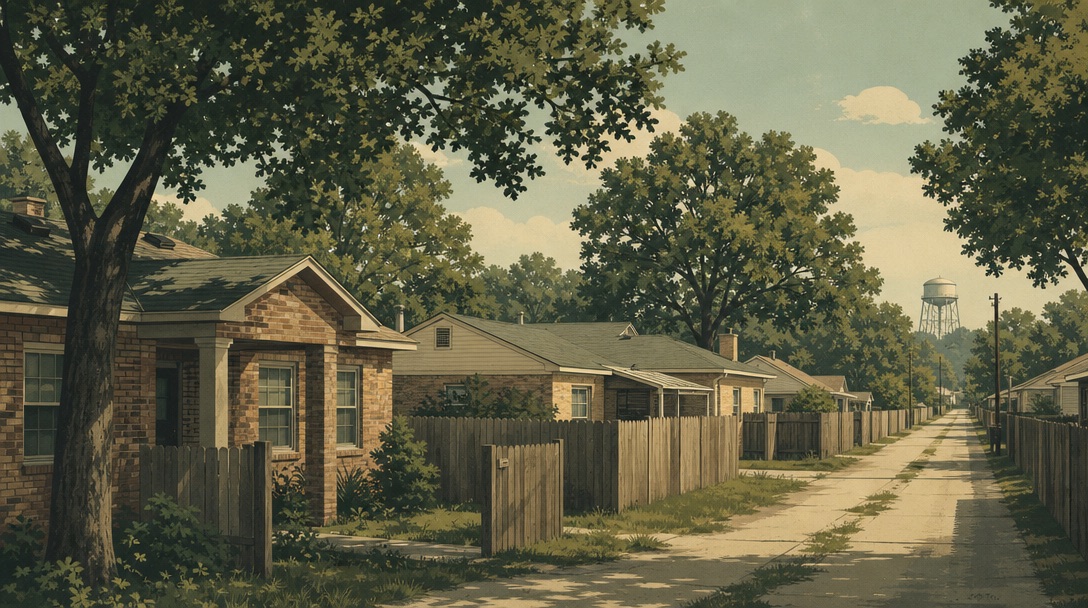Postwar brick bungalows under tall pecan trees on a Garland street with a back alley fence line