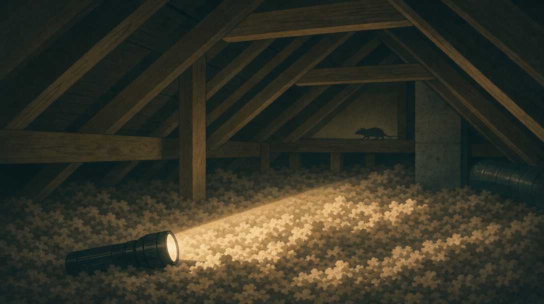 Flashlight beam across attic rafters and insulation with a distant rat silhouette on a beam