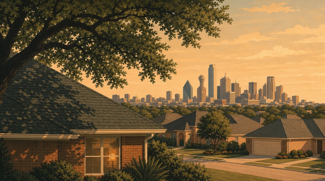 Dallas residential rooftops under mature oak canopy at dusk, downtown skyline on the horizon