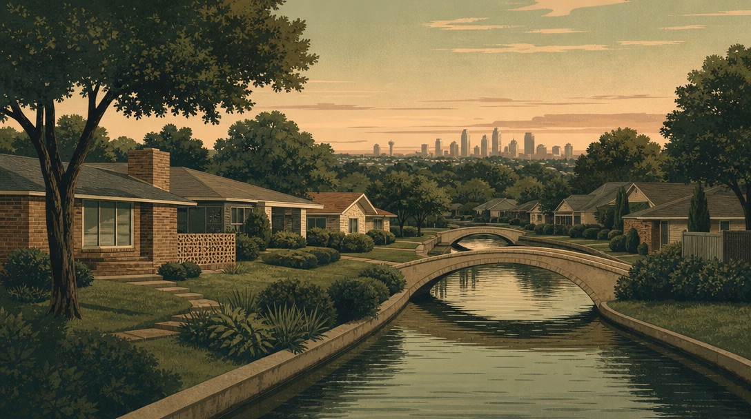 Canal-side Irving street with 1960s brick homes and an arched bridge, Dallas towers on the horizon