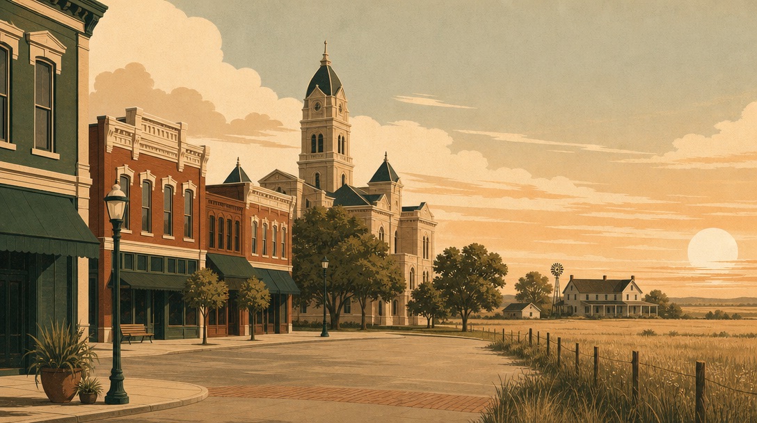 Historic McKinney square storefronts giving way to open prairie and a farmhouse