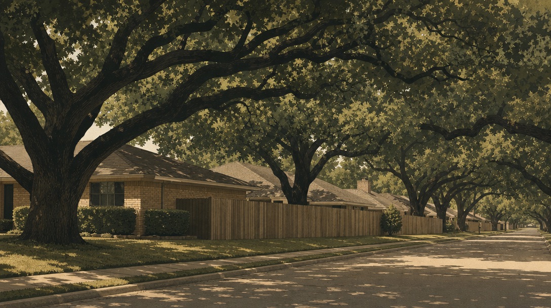Mature oak canopy arching over 1980s brick ranch homes on a Plano street