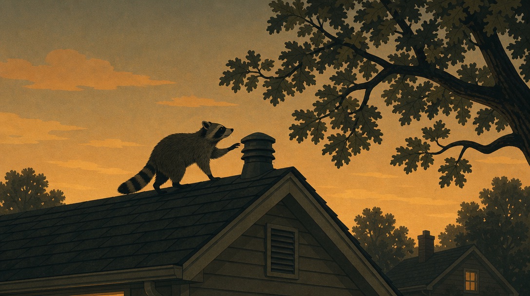 Raccoon on a suburban roof ridge at dusk next to a roof vent